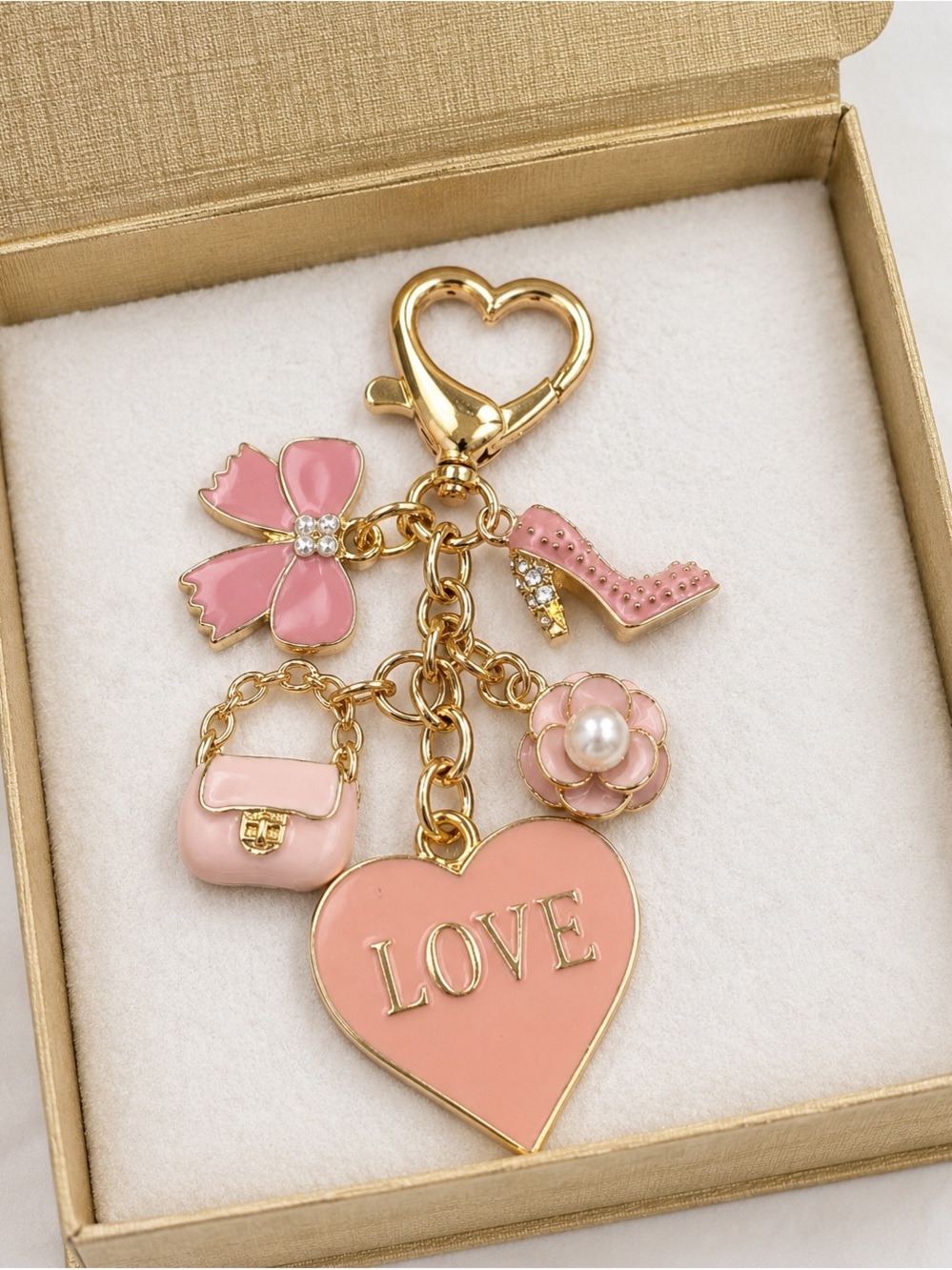 Gold Pink Heart 'LOVE' Charm Keychain with Flower, Bow & Purse